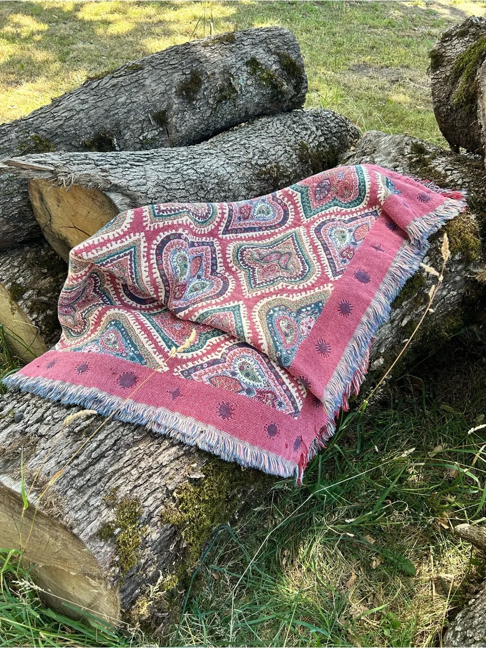 Vintage Patterned Boho Woven Throw Blanket - Teal, Pink, Cream